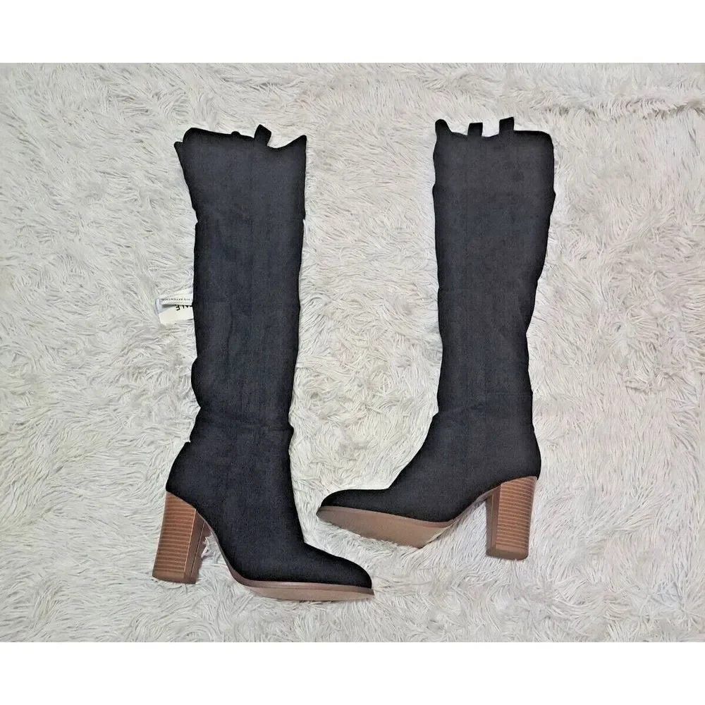 Shoe'N Tale Boots Women Black Faux Suede Chunky Heel  Over‎ The Knee Thigh High